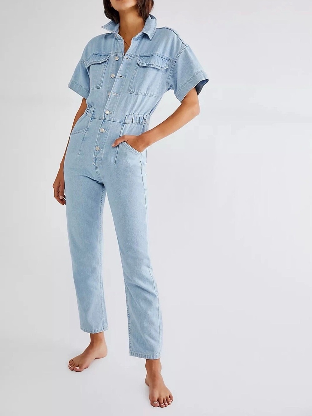 Free People We The Free Marci Denim Jumpsuit Light Wash XS(EUC)